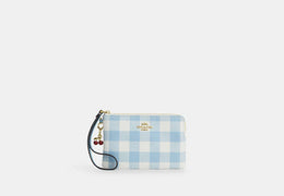 Corner Zip Wristlet With Gingham Print And Charm