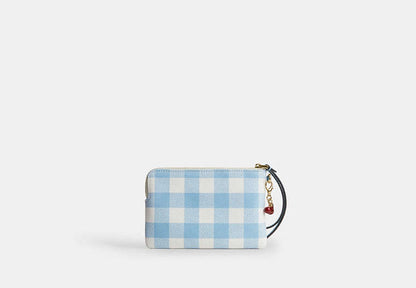 Corner Zip Wristlet With Gingham Print And Charm