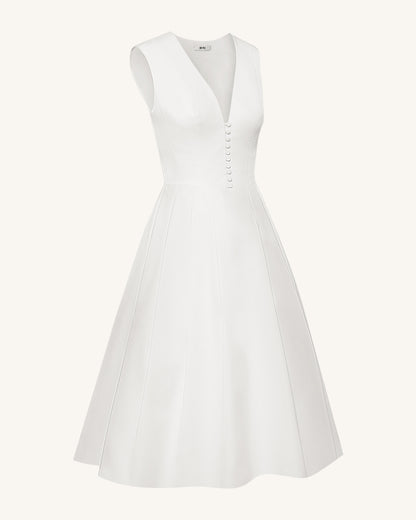 Front V-Neck Pleated Midi Dress - White