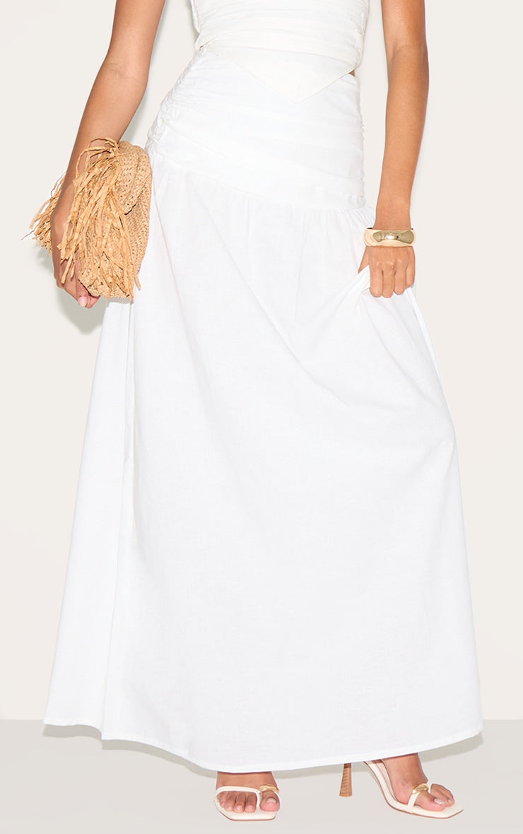 White Cotton Ruched Waist Maxi Skirt
