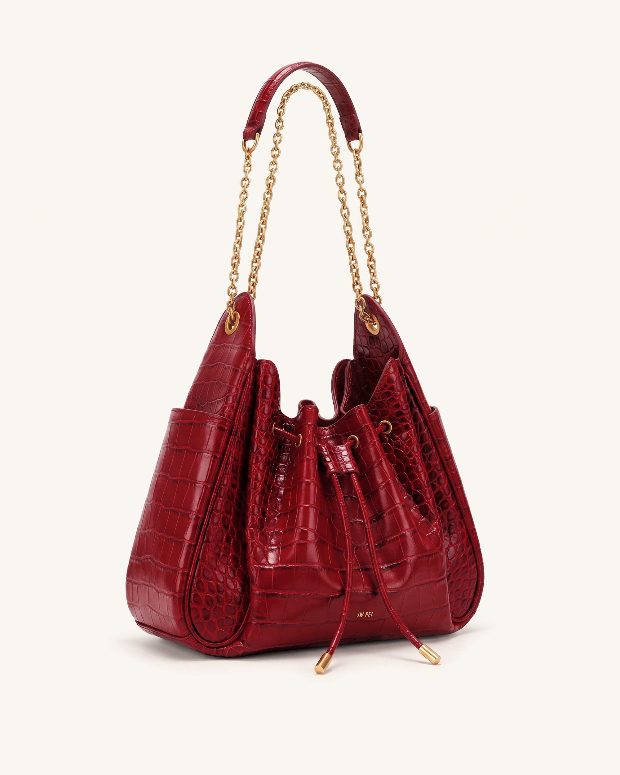 Rowan Ruched Drawstring Chain Bucket Bag - Ivory