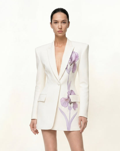 Iris Embroidery Hourglass Blazer - White