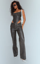 Premium Dark Brown Washed Faux Leather Dip Waist Flared Trousers