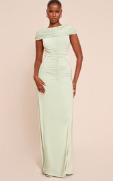 Sage Slinky Bardot Ruched Detailing Maxi Dress