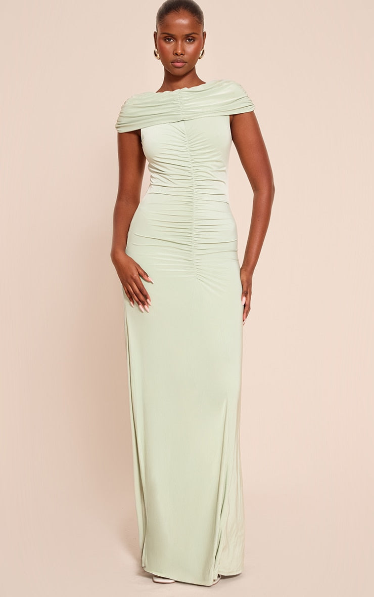 Sage Slinky Bardot Ruched Detailing Maxi Dress