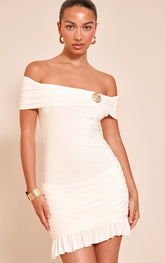 Cream Double Layer Bardot Trim Detail Mini Dress