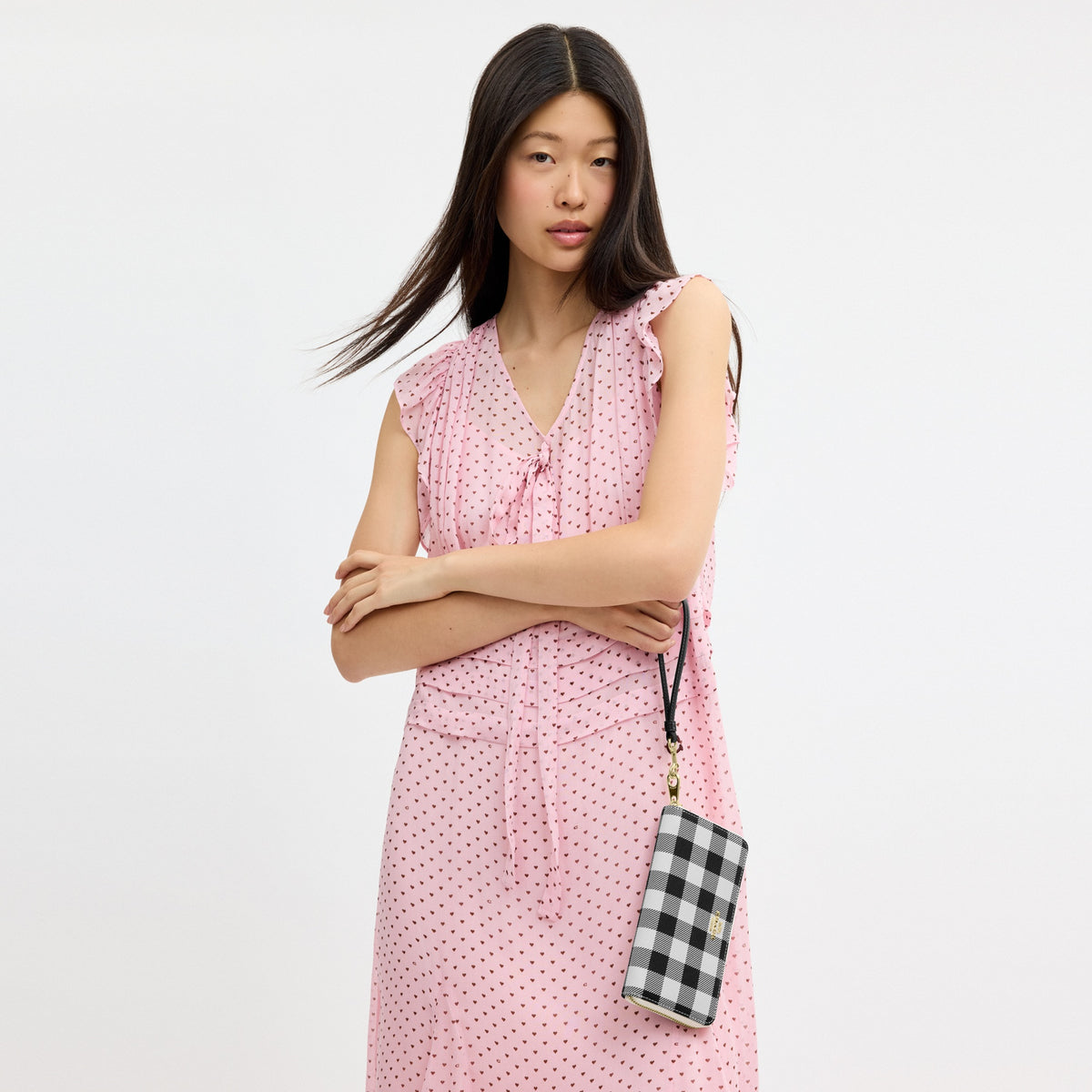 Long Zip Around Wallet With Gingham Print