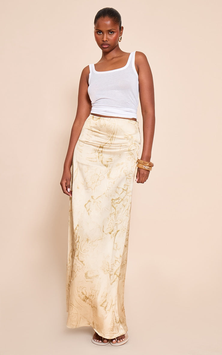 Pale Chartreuse Paisley Printed Satin Maxi Skirt