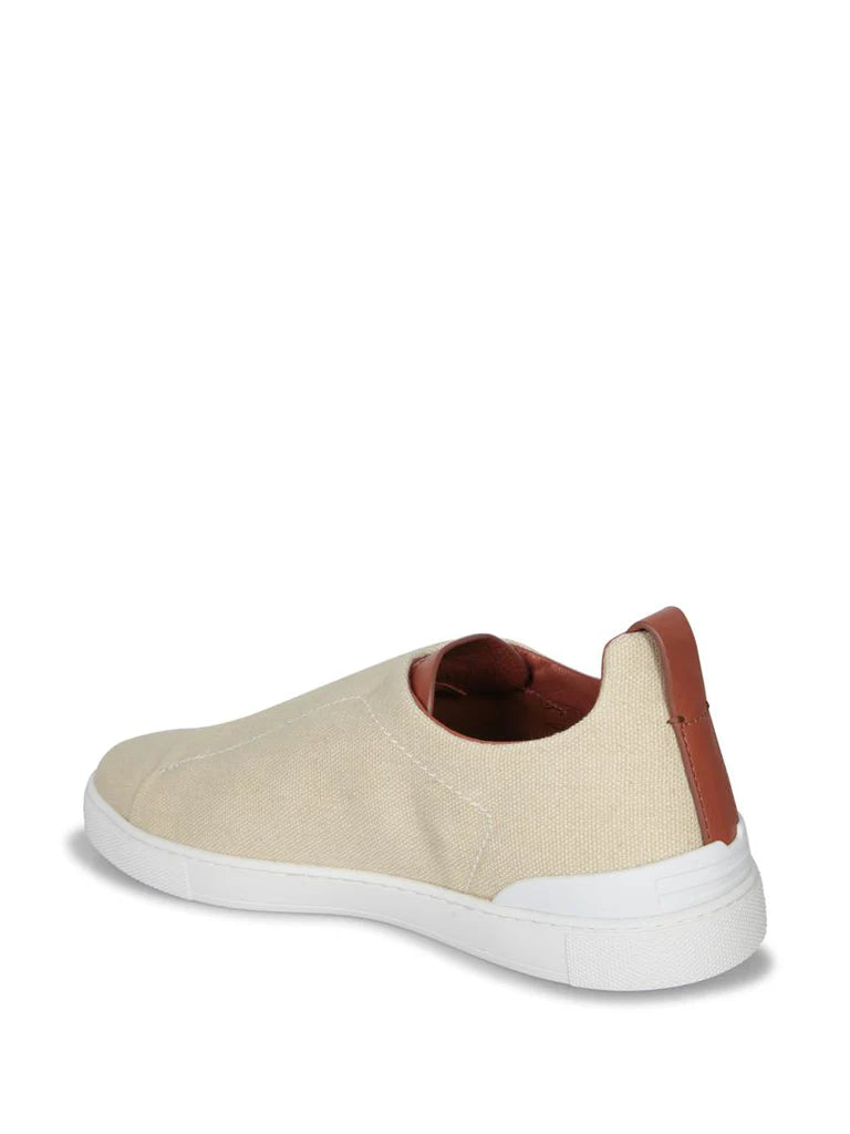 Zegna Beige Linen Sneakers with Brown Leather Accents