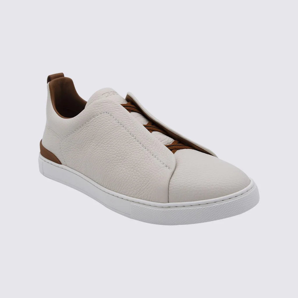 Zegna Men’s Beige Pebbled Leather Sneakers – Lace-Up with Brown Accents & Rubber Sole | UK Sizing