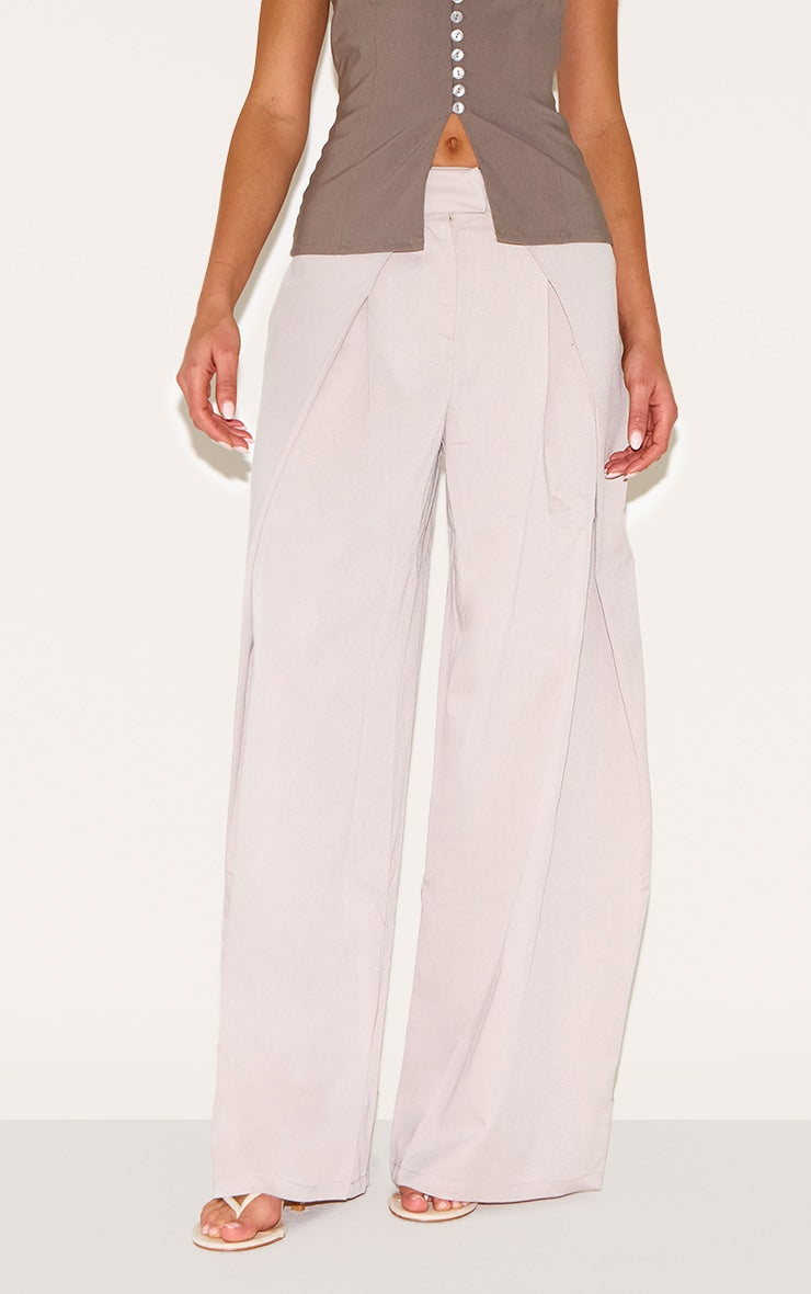 Stone Woven Pleat Detail Wide Leg Tailored Trousers