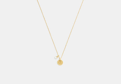 Textured Signature Coin And Pearl Pendant Necklace