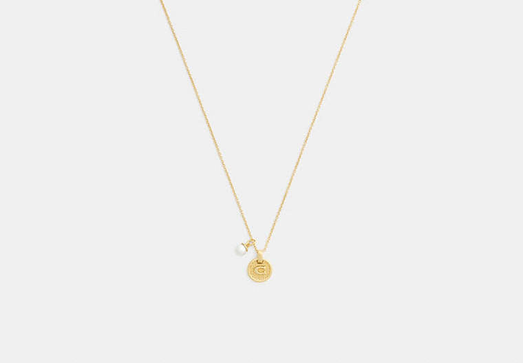 Textured Signature Coin And Pearl Pendant Necklace