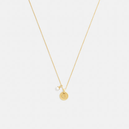 Textured Signature Coin And Pearl Pendant Necklace