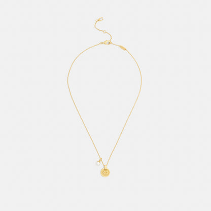 Textured Signature Coin And Pearl Pendant Necklace