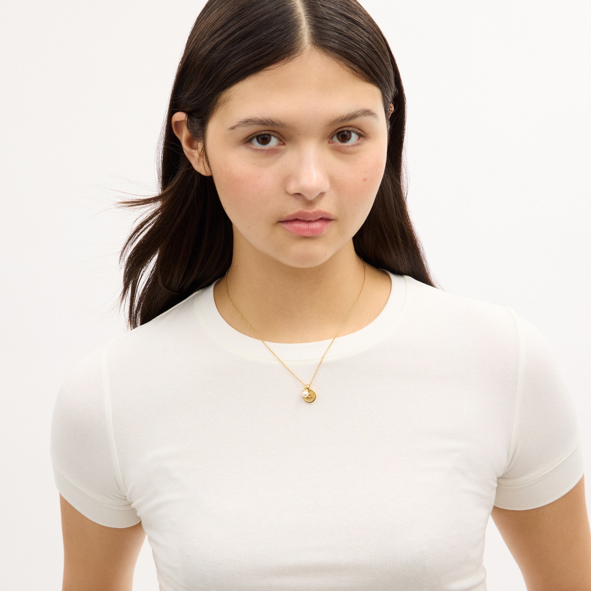 Textured Signature Coin And Pearl Pendant Necklace