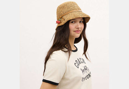 Straw Bucket Hat With Cherry Detail