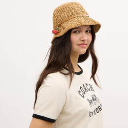 Straw Bucket Hat With Cherry Detail