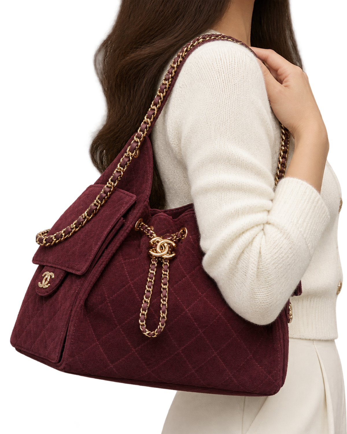 CHANEL 25 Small Handbag Suede Calfskin & Gold Metal Burgundy