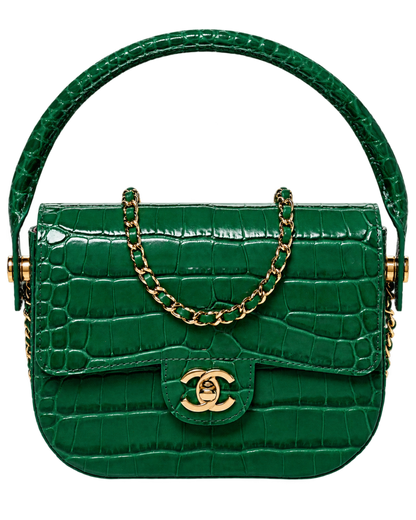 Chanel Calfskin Crocodile Embossed Turn Around Mini Flap Emerald