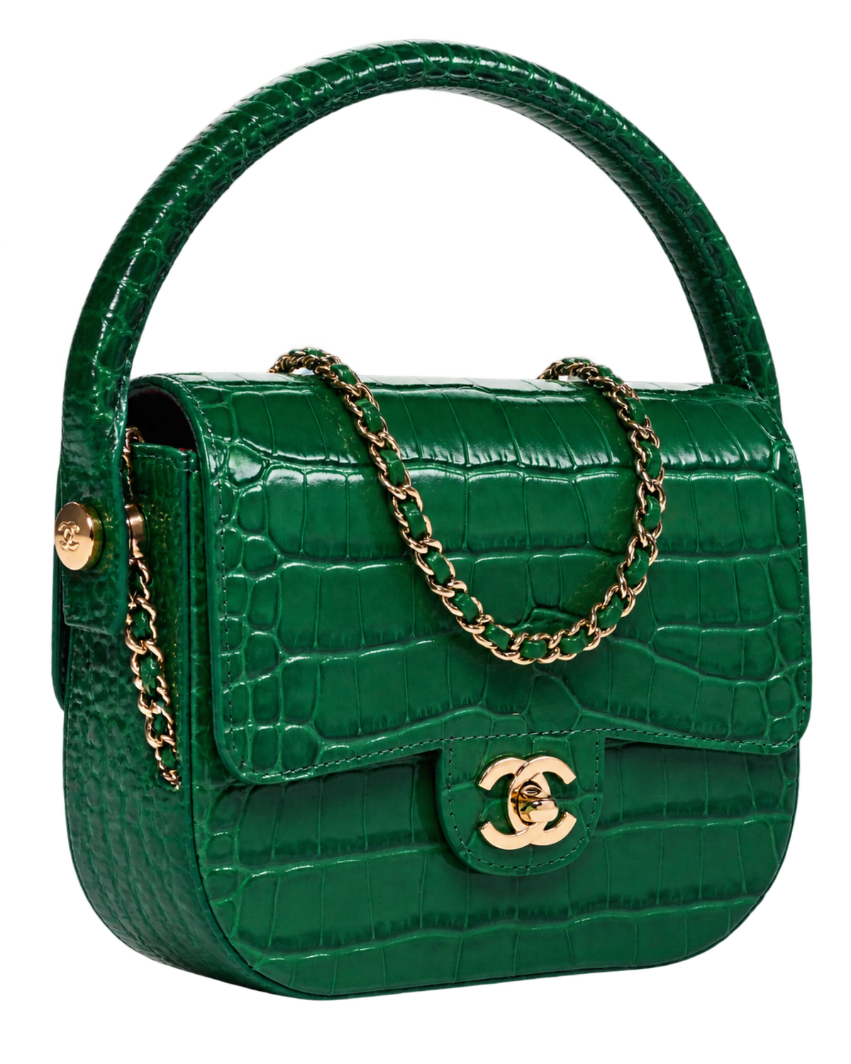 Chanel Calfskin Crocodile Embossed Turn Around Mini Flap Emerald