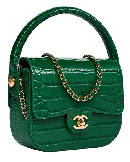 Chanel Calfskin Crocodile Embossed Turn Around Mini Flap Emerald