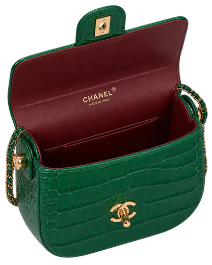 Chanel Calfskin Crocodile Embossed Turn Around Mini Flap Emerald