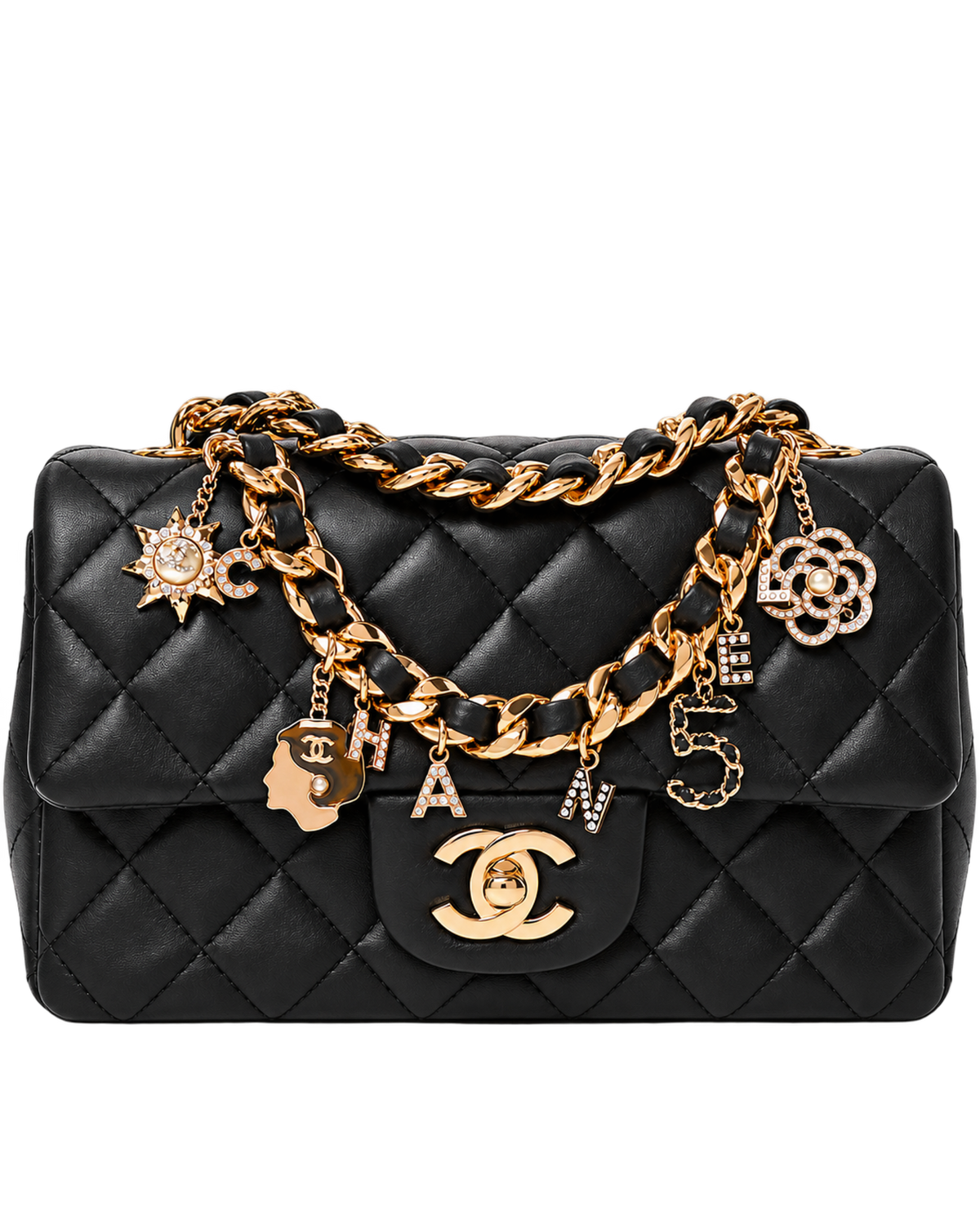 Chanel Lambskin Quilted Mini Coco Charms Rectangular Flap Black