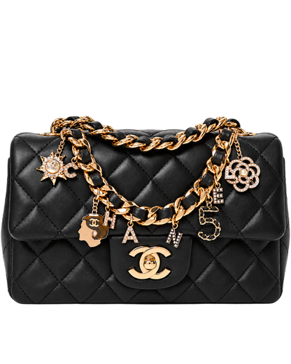Chanel Lambskin Quilted Mini Coco Charms Rectangular Flap Black