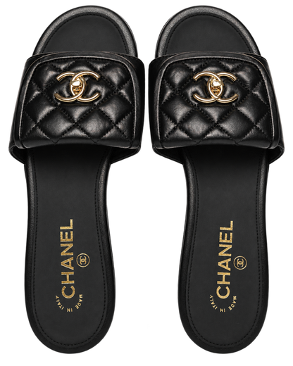 Chanel Lambskin Quilted Turnlock Flat Mules  Black