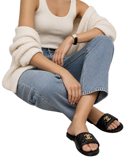 Chanel Lambskin Quilted Turnlock Flat Mules  Black