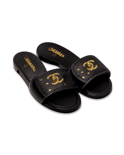 Chanel Lambskin Quilted Turnlock Flat Mules  Black