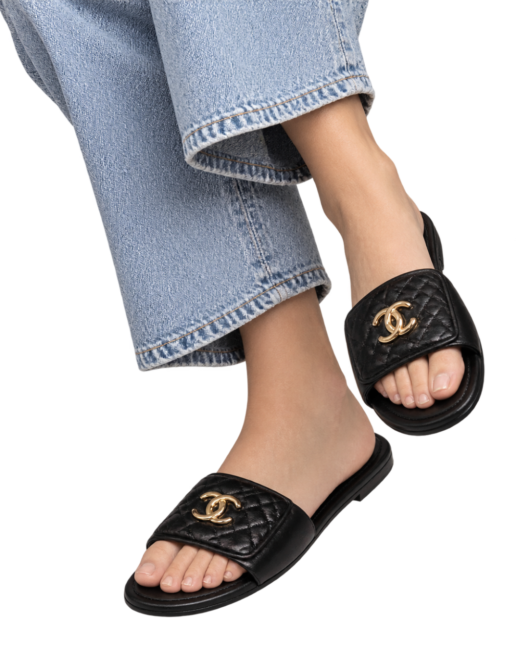 Chanel Lambskin Quilted Turnlock Flat Mules  Black