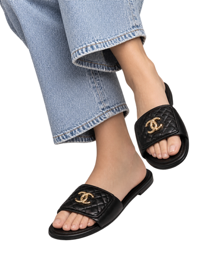 Chanel Lambskin Quilted Turnlock Flat Mules  Black