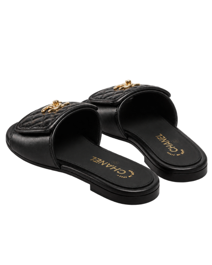 Chanel Lambskin Quilted Turnlock Flat Mules  Black