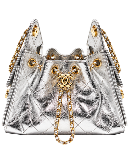 CHANEL mini bag 25 Metallic calfskin & gold-tone metal Silver