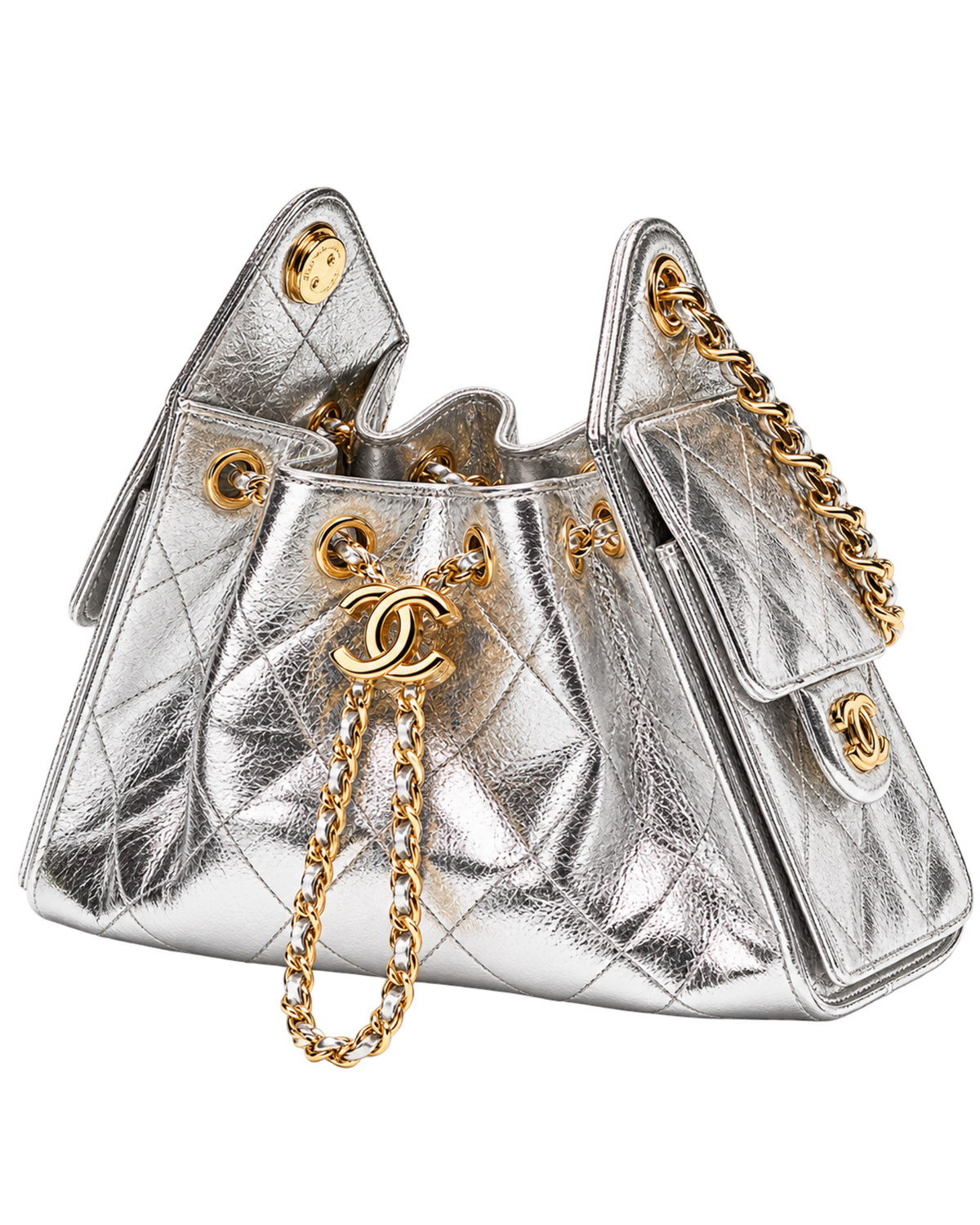 CHANEL mini bag 25 Metallic calfskin & gold-tone metal Silver