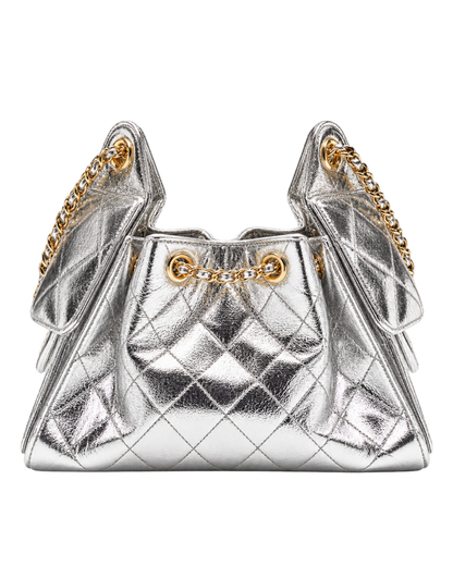 CHANEL mini bag 25 Metallic calfskin & gold-tone metal Silver