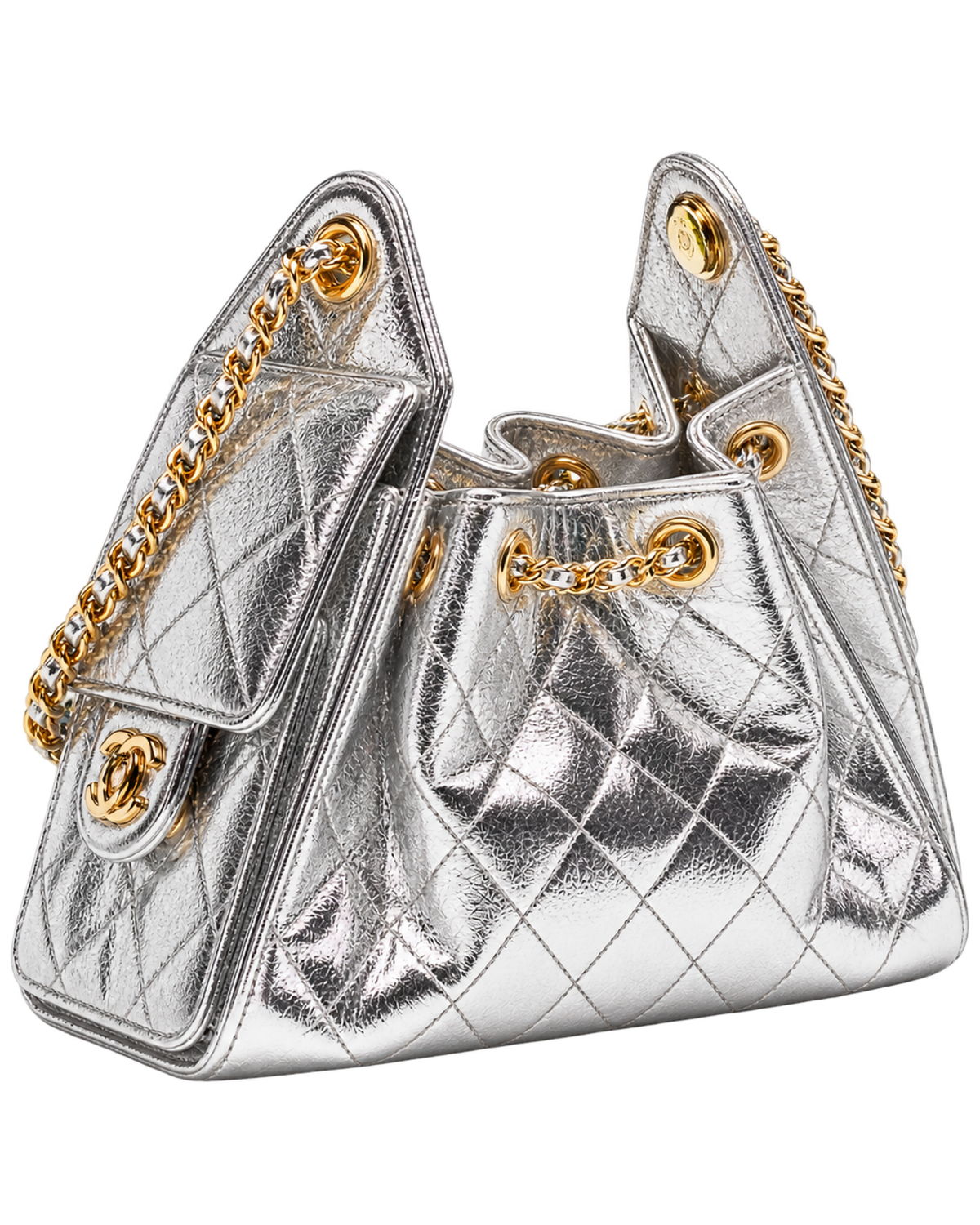 CHANEL mini bag 25 Metallic calfskin & gold-tone metal Silver