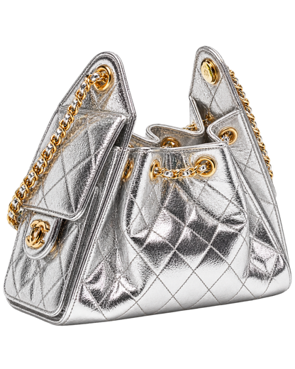 CHANEL mini bag 25 Metallic calfskin & gold-tone metal Silver