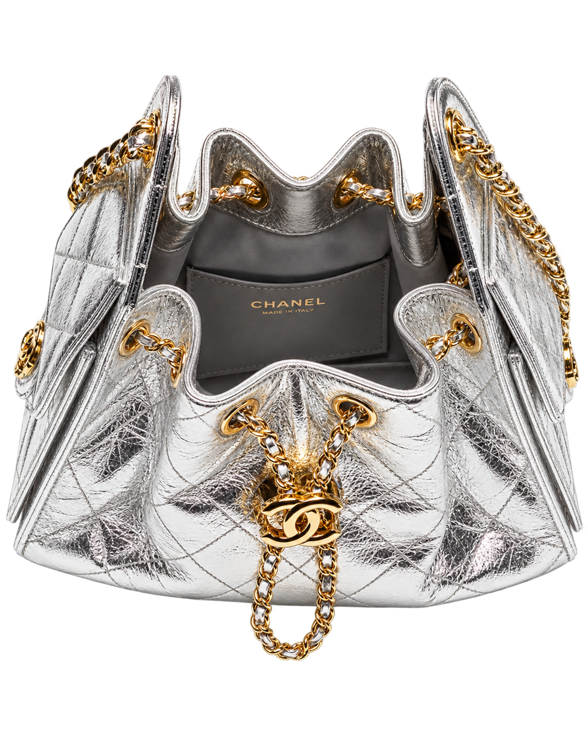 CHANEL mini bag 25 Metallic calfskin & gold-tone metal Silver
