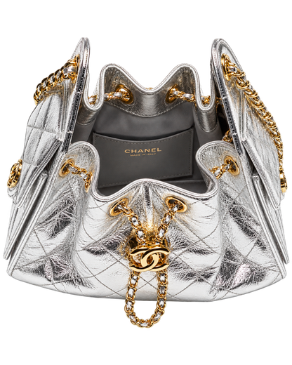 CHANEL mini bag 25 Metallic calfskin & gold-tone metal Silver