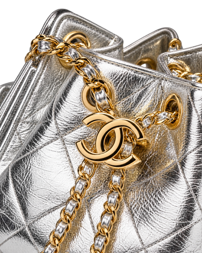 CHANEL mini bag 25 Metallic calfskin & gold-tone metal Silver