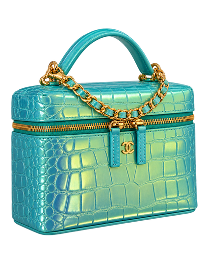 CHANEL Vanity with Chain in Crocodile Embossed Iridescent Calfskin and Gold-Tone Metal