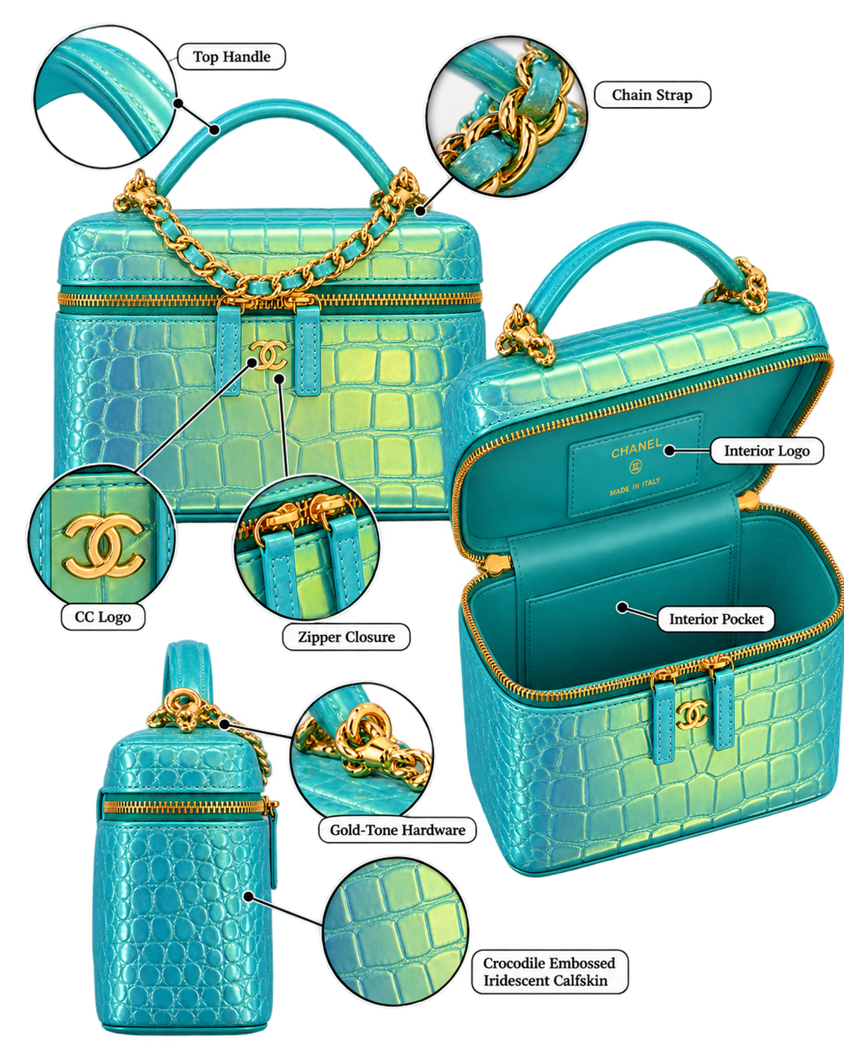 CHANEL Vanity with Chain in Crocodile Embossed Iridescent Calfskin and Gold-Tone Metal