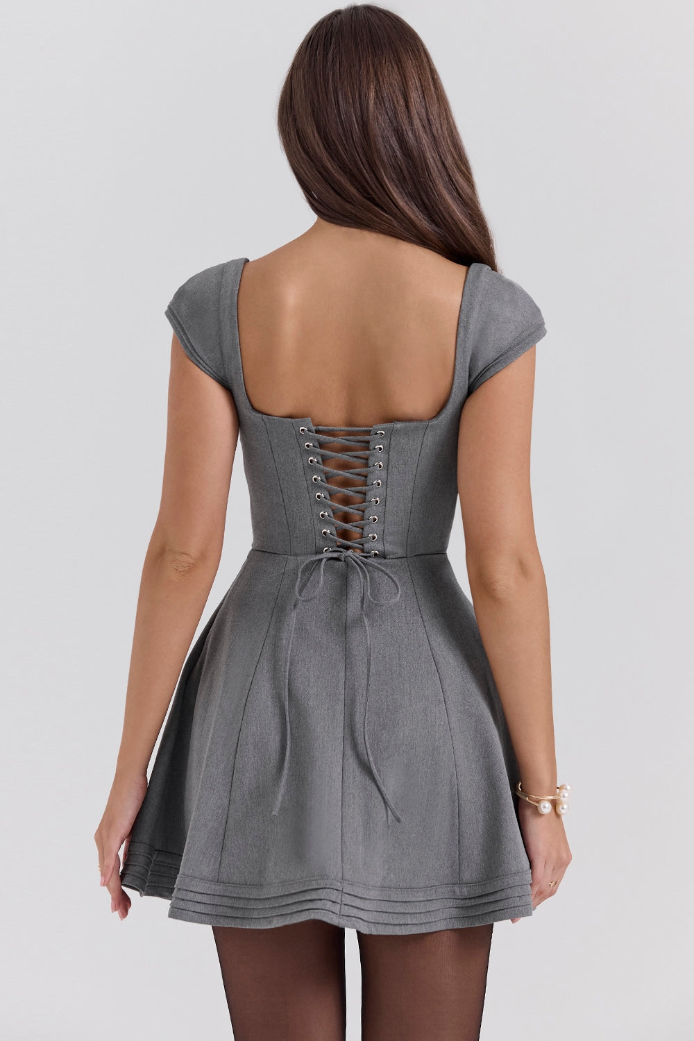 French grey fitted mini dress with voluminous skirt