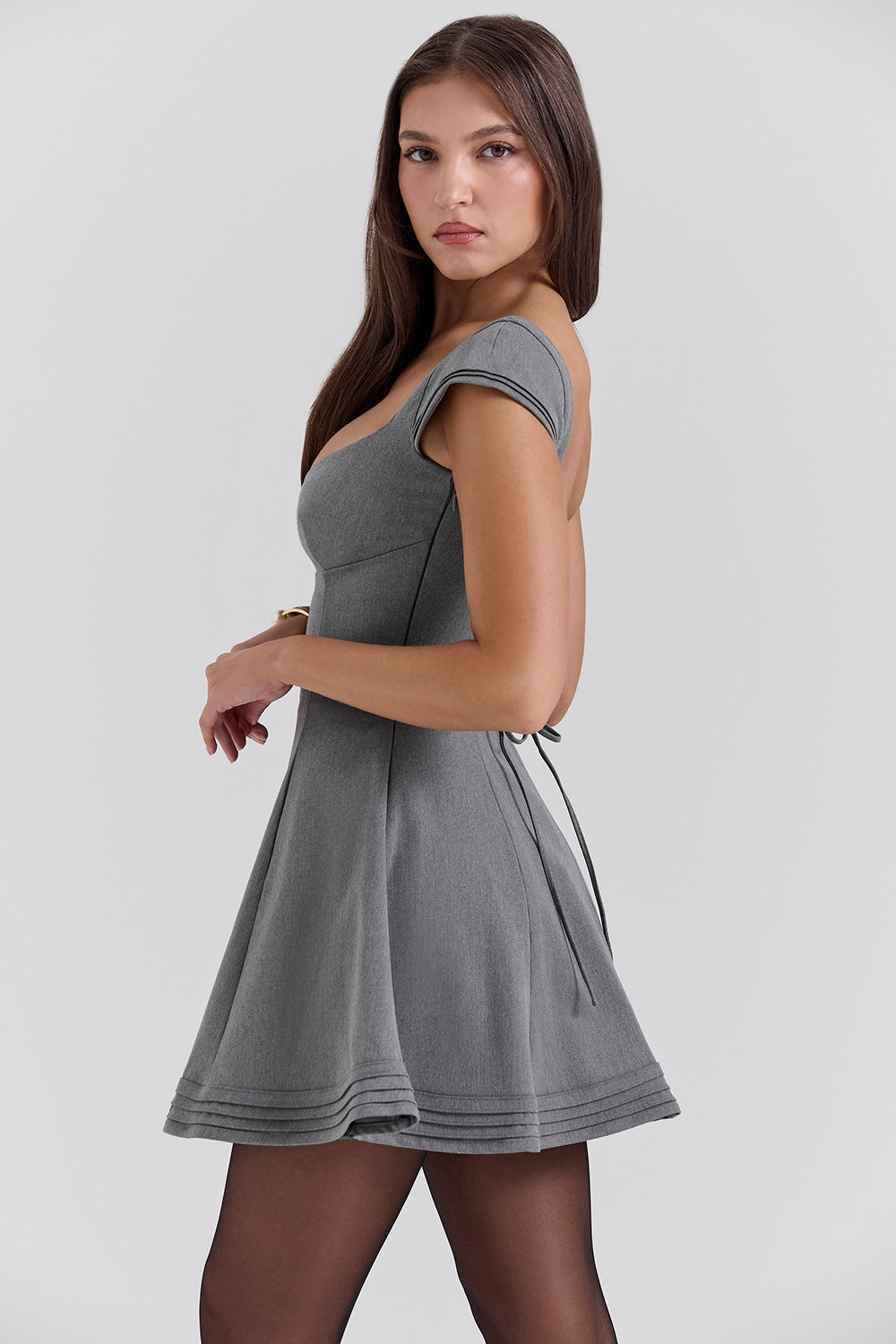 French grey fitted mini dress with voluminous skirt