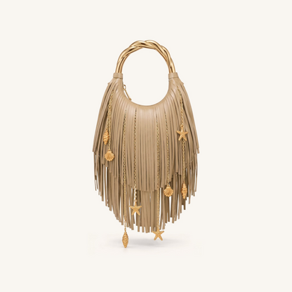 Chloe Metal Handle Fringe Top Handbag - Khaki