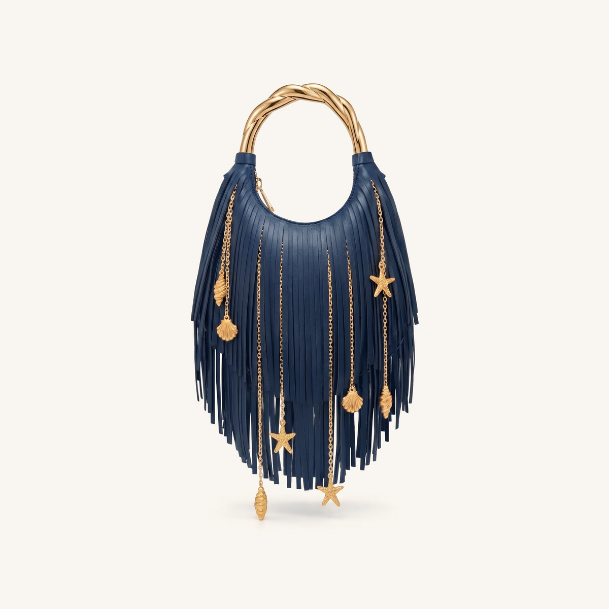 Chloe Metal Handle Fringe Top Handbag - Navy Blue