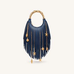 Chloe Metal Handle Fringe Top Handbag - Navy Blue